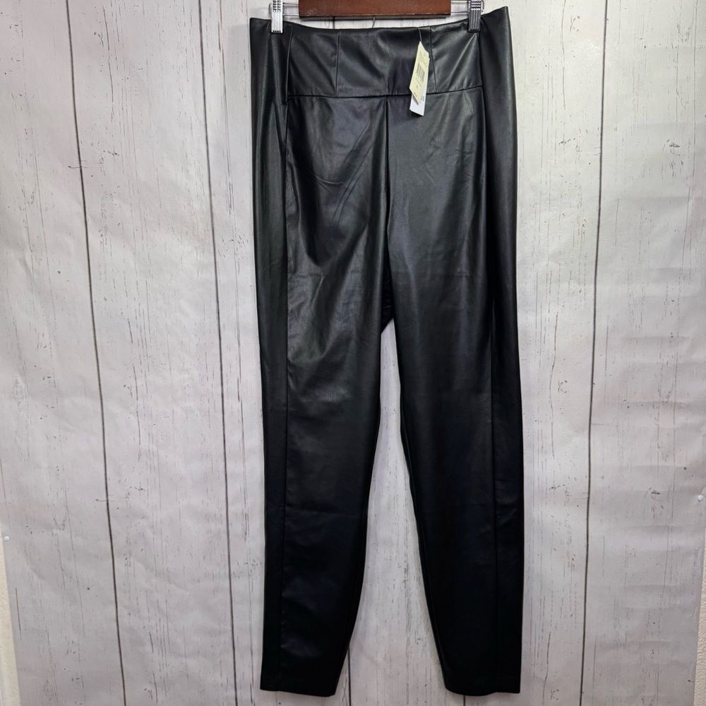 Guess Jet Black Faux Leather Corset Leggings XL Sleek Chic High Rise Stretchy